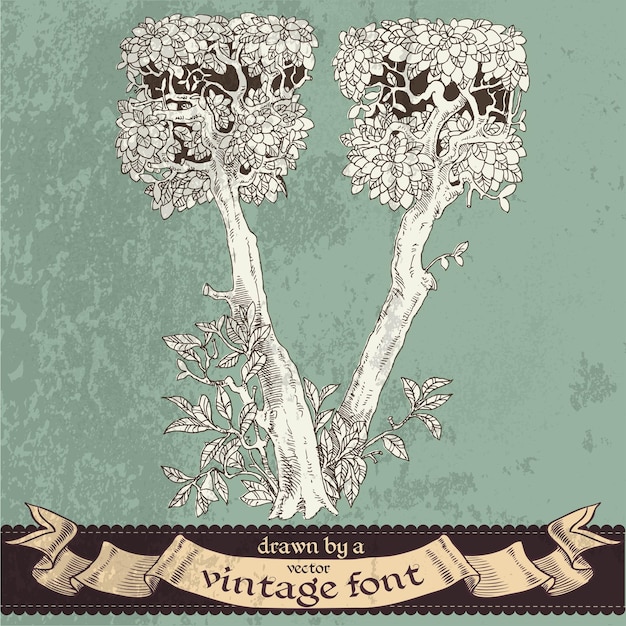 El bosque grunge mágico dibujado a mano por una fuente vintage V