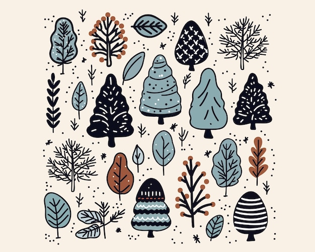 Vector con bosque de invierno abetos árboles y hojas doodle