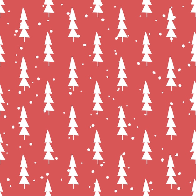 Bosque de invierno, árboles de Navidad. Navidad de patrones sin fisuras. Fondo rojo.