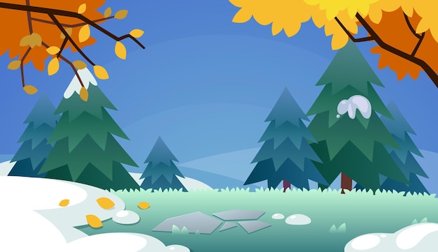 Vector bosque de invierno con nieve ilustración de estilo de dibujos animados de fondo