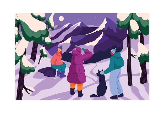 Bosque de invierno en la noche con gente perro Paisaje de clima frío con personajes grupo de amigos caminando en heladas caminatas en montañas de bosques nevados en la nieve tarde en la noche Ilustración de vector plano