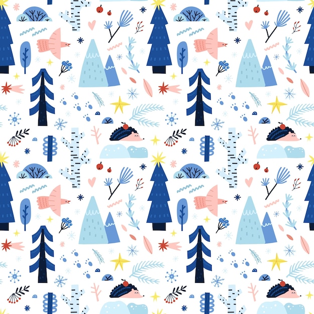 Bosque de invierno de patrones sin fisuras Nevado diferentes árboles bayas congeladas ramas azules y conos copos de nieve Dibujado a mano Año Nuevo y Navidad decoración textil papel de regalo papel pintado vivero vector