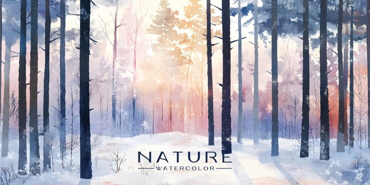 bosque de invierno pintado con acuarela que muestra árboles cubiertos de nieve y un suave amanecer