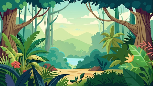 un bosque con un lago y montañas en el fondo