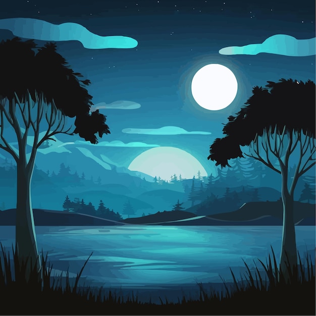 Vector un bosque con una luna llena y árboles en el fondo