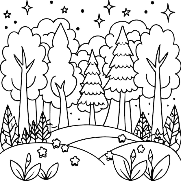 El bosque mágico página de colorear arte vectorial ilustración diseño de libro de colorear