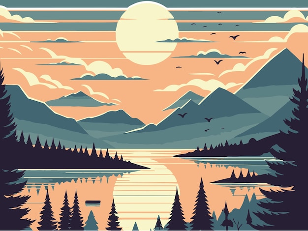 Bosque de montaña con arroyo Paisaje natural vectorial