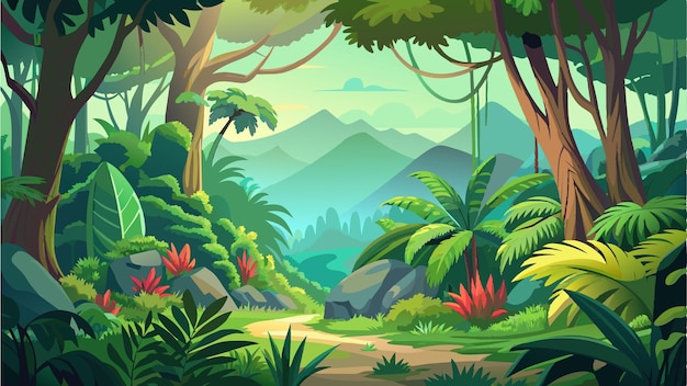 un bosque con montañas y árboles