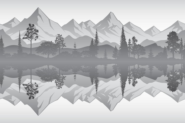 El bosque y las montañas se reflejan en el esbozo vectorial del lago en blanco y negro