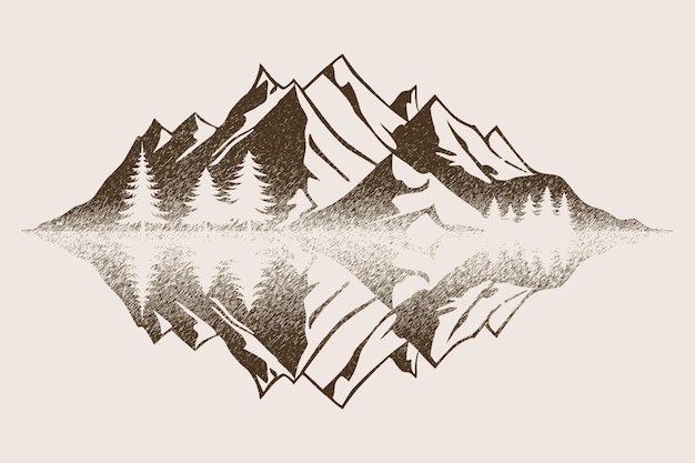 El bosque y las montañas se reflejan en el lago imitación de un dibujo a lápiz