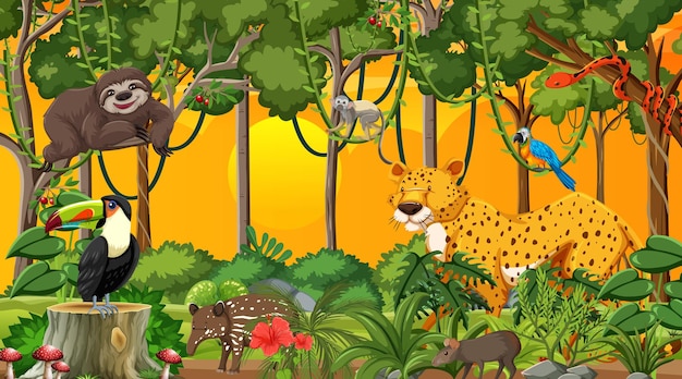 Bosque de la naturaleza en la escena del atardecer con animales salvajes
