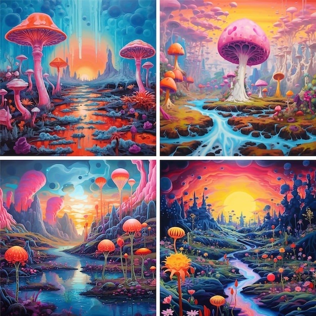 Vector bosque naturaleza fantasía paisaje árbol fondo hongo luz mágica arte colorido hermoso