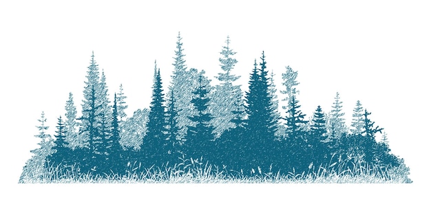 El bosque en la niebla imitación de un boceto vectorial de dibujo a lápiz en un fondo blanco