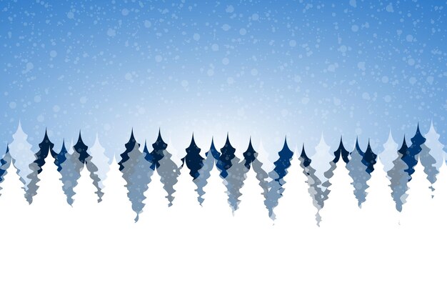 Vector bosque de nieve de navidad con árboles de navidad y copos de nieve sobre un fondo azul