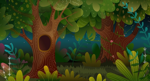 Vector bosque por la noche con árbol hueco espeluznante, dibujos animados de paisaje mágico encantado de fantasía. ilustración de misterio de estilo acuarela de cuento de hadas para niños. fondo de pantalla de diseño de vector de niños.