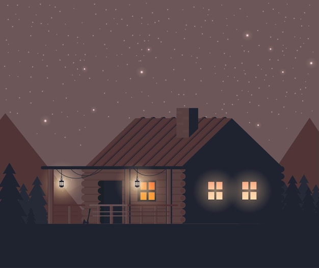 Bosque de noche plana de ilustración vectorial con casa