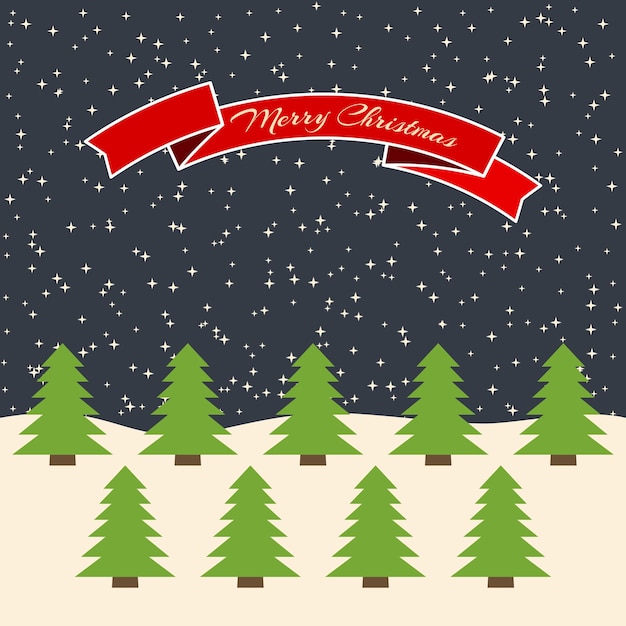 Bosque nocturno con cielo estelar y una cinta roja con la inscripción feliz navidad. ilustración vectorial.