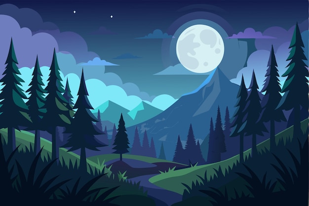 Bosque nocturno iluminado por la luna con montañas