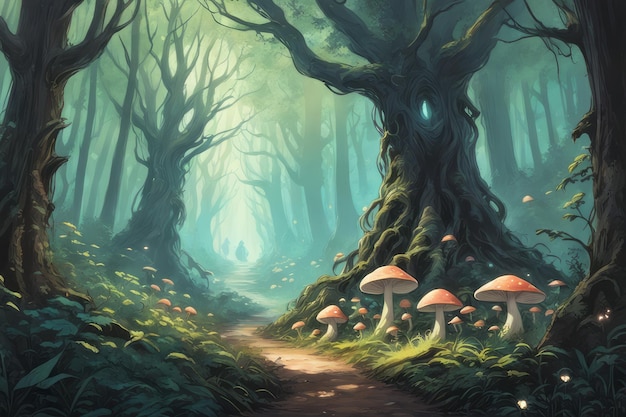 Bosque oscuro con árboles mágicos ilustración de fantasía bosque oscuro con árbol mágico fantasía ilustración