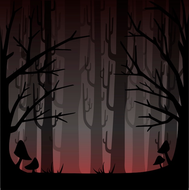 Vector bosque oscuro con niebla roja. misty woods para el concepto de juego o sitio web. bosque de niebla. ilustración