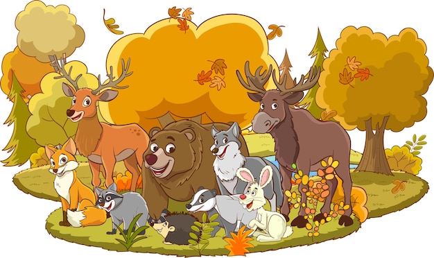 bosque de otoño y animales