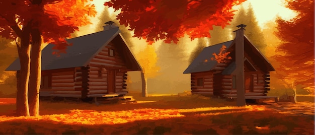 Bosque de otoño con una casa de madera ilustración de dibujos animados de vector de paisaje de bosque profundo con bosque