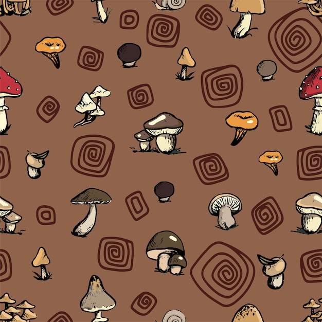 Bosque de otoño cosecha setas garabatos de patrones sin fisuras adorno de vector dibujado a mano diseño botánico abstracto para impresión fondo papel tapiz decoración textil