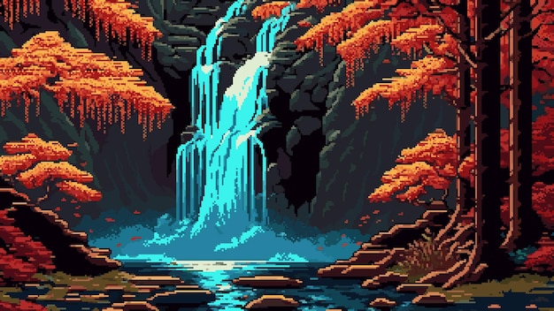 Bosque de otoño de píxeles de 8 bits y paisaje de cascada de cascada Fondo de juego de arte de píxeles retro generado por IA con árboles de bosque o parque de temporada de otoño Escena de naturaleza vectorial de cascada de río de montaña y rocas