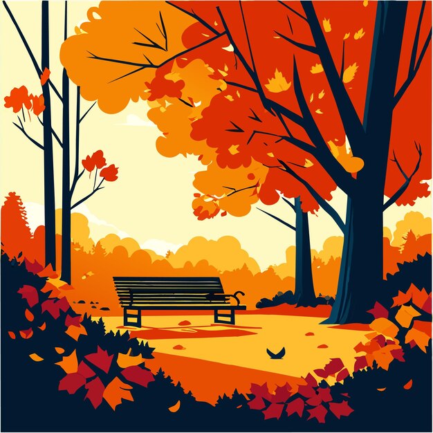 Vector bosque de paisaje de otoño con banco debajo de la ilustración vectorial del árbol