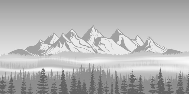 Bosque paisajístico en blanco y negro con el telón de fondo de montañas nevadas