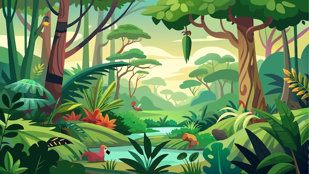 un bosque con un pájaro y plantas y un estanque