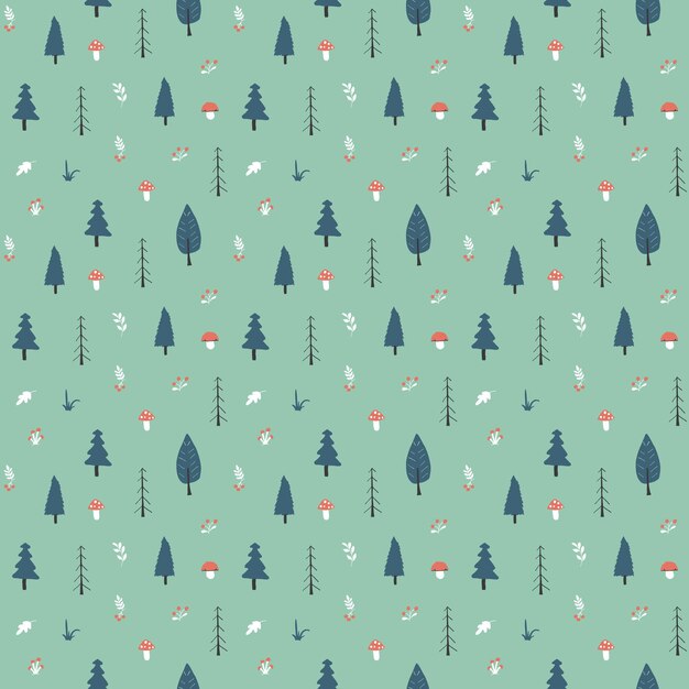 Bosque patrón sin costuras fondo del bosque dibujos animados bonitos árboles y plantas ilustración vectorial