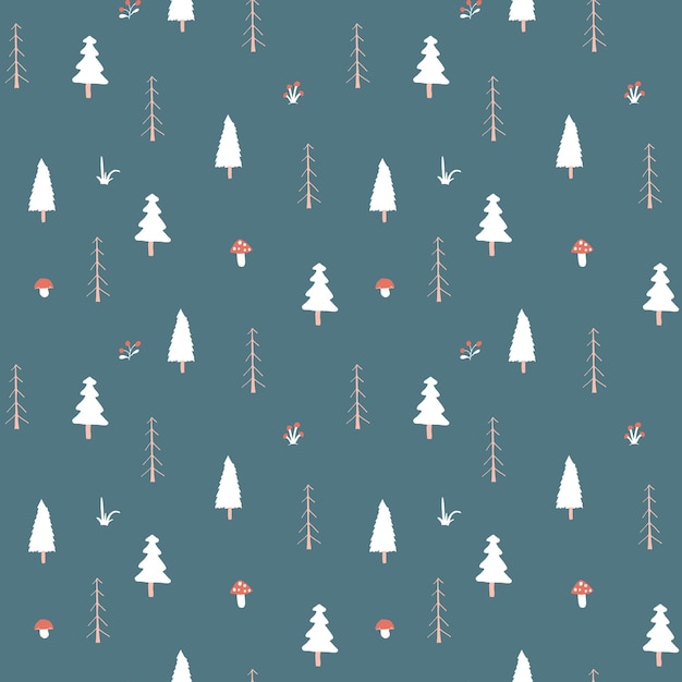 Bosque patrón sin costuras fondo del bosque dibujos animados bonitos árboles y plantas ilustración vectorial