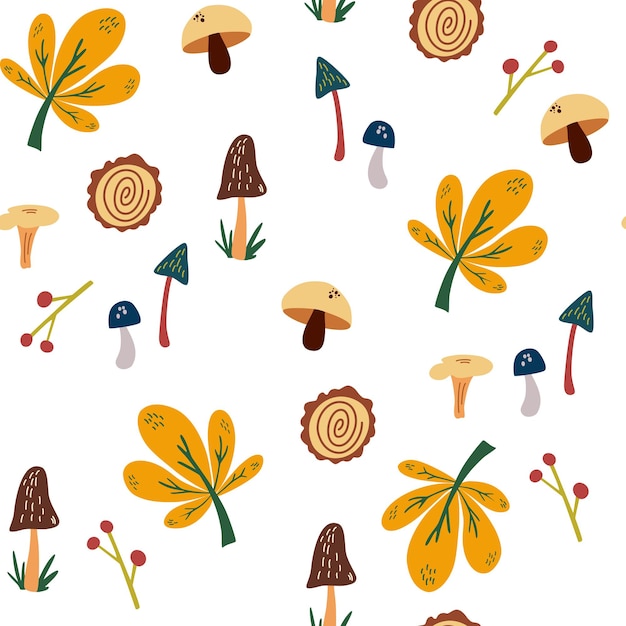 Bosque de patrones sin fisuras. Setas, bellotas, hojas de bayas de fondo. Elementos de diseño de bosque floral. Para telas, envoltorios, textiles, papel tapiz, prendas de vestir. Ilustración vectorial.