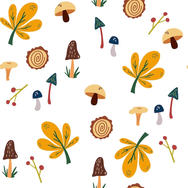 Bosque de patrones sin fisuras. setas, bellotas, hojas de bayas de fondo. elementos de diseño de bosque floral. para telas, envoltorios, textiles, papel tapiz, prendas de vestir. ilustración vectorial.