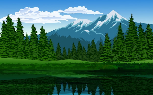 Bosque de pinos en el lago con montaña
