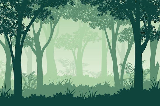 Bosque salvaje de la selva oscura con siluetas de árboles y arbustos paisaje natural