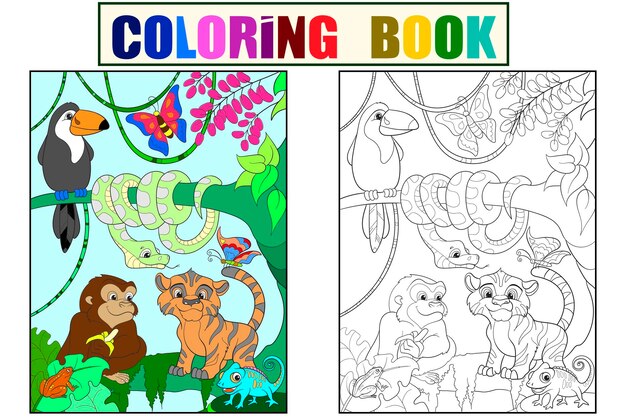 Bosque de la selva con ilustración de vector de dibujos animados de animales