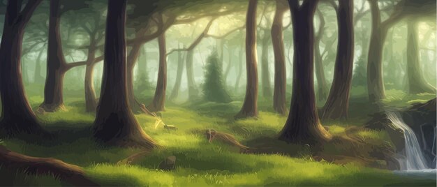 Vector bosque telón de fondo de dibujos animados paisaje natural con árboles de hoja caduca musgo y hierba arbustos y sol