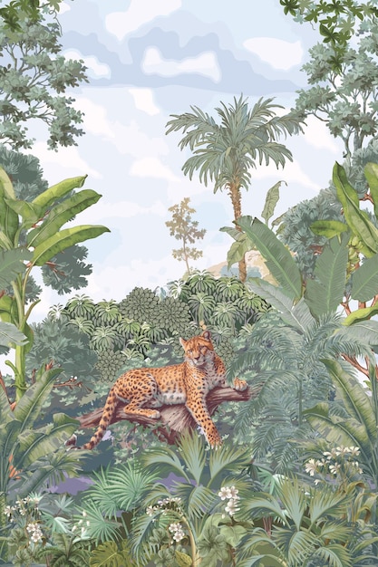 Bosque tropical con una palmera de guepardo plantas selva oscura ilustración de patrón sin costuras