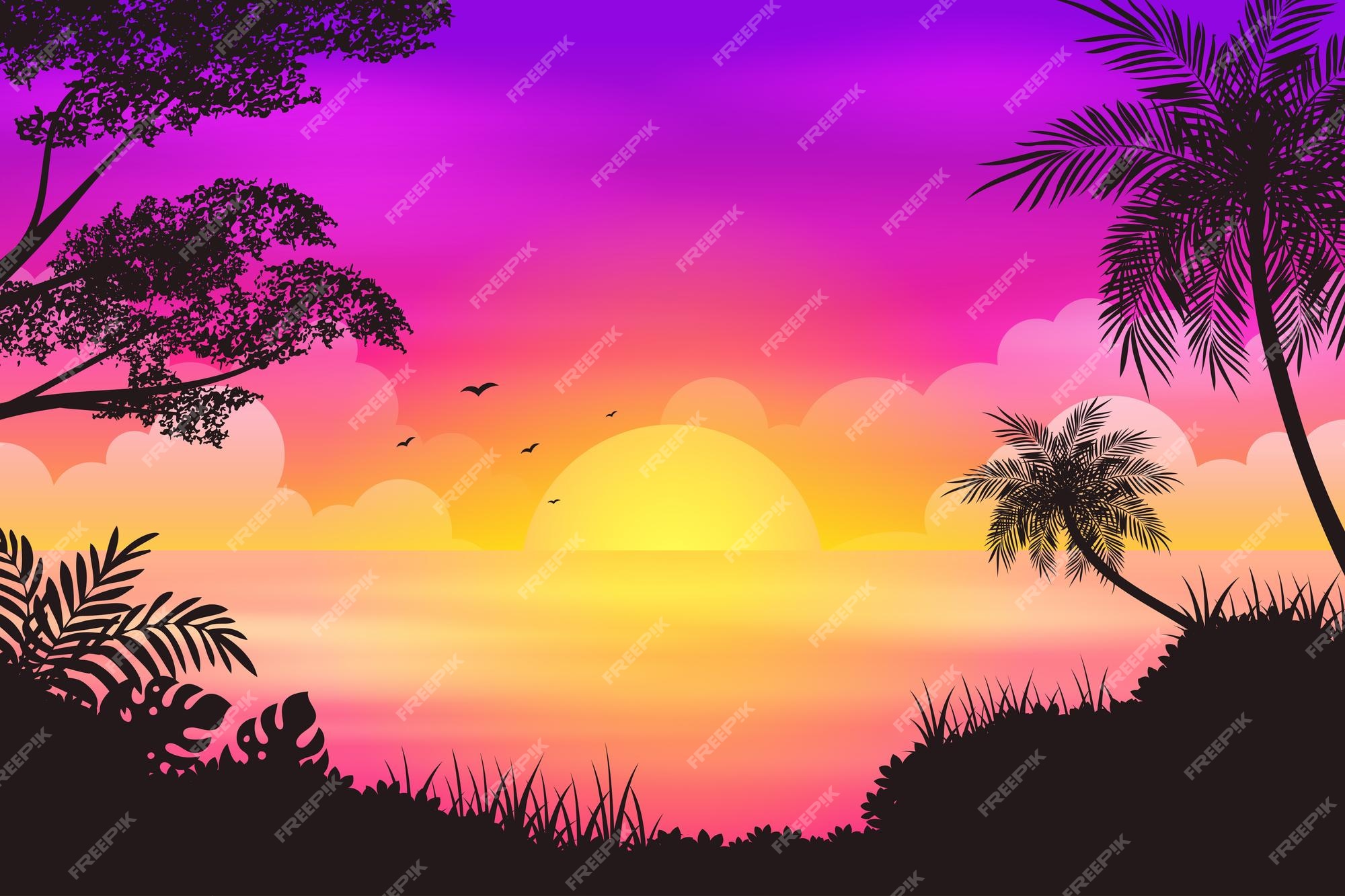 Bosque tropical y playa al atardecer con cielo colorido ilustración de  dibujos animados | Vector Premium