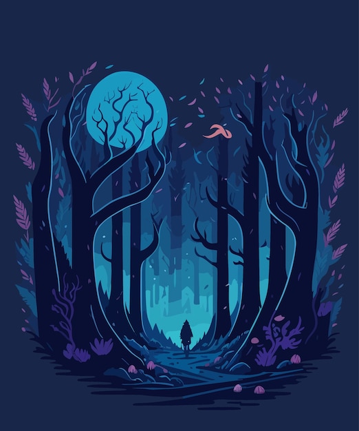 Vector un bosque vectorial paisaje misterioso noche bosque luna cielo estrellado arte diseño de ilustración