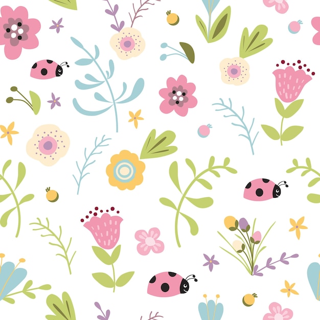 Bosque de verano floral de patrones sin fisuras dibujado a mano primavera fondo rosa suave ilustración vectorial tulipanes mariquita flor de pradera diseño de jardín para niños lindos para fondo de pantalla plantilla decorativa repetida