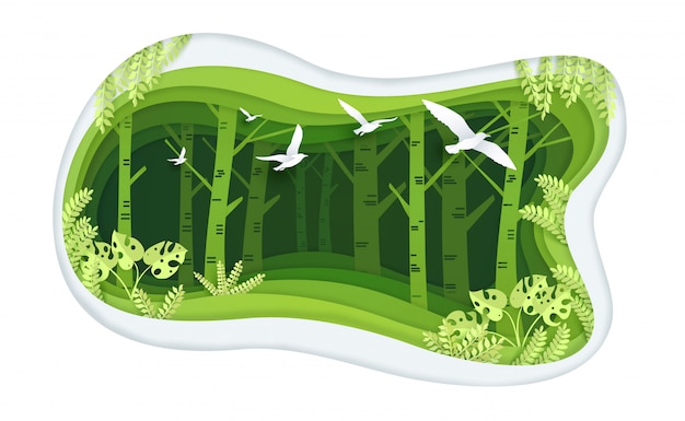 Bosque verde con diseño de arte en papel.
