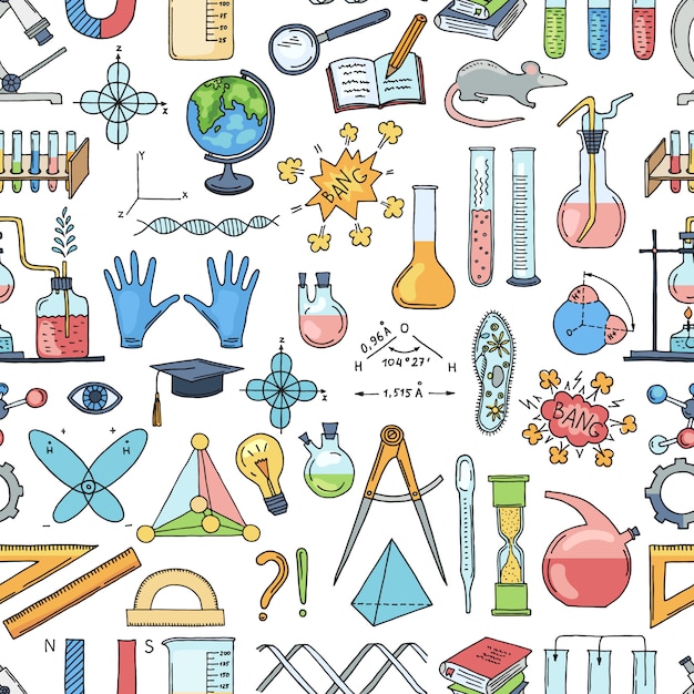 Bosquejado patrón de elementos de ciencia o química