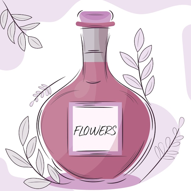 Bosquejo aislado de una botella de perfume con flores Vector