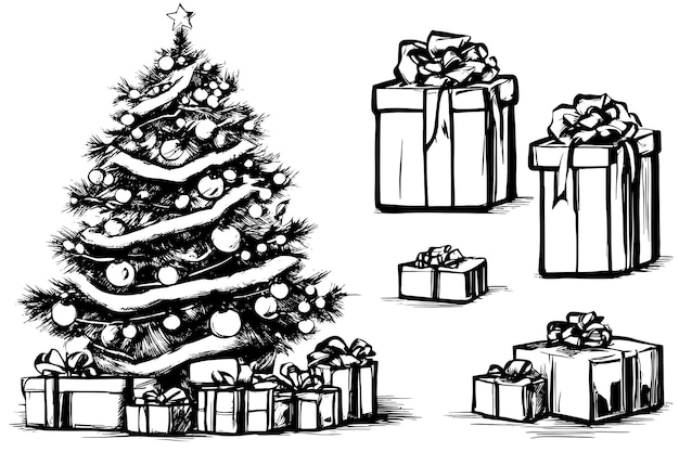 Bosquejo del árbol de Navidad con regalos ilustración vectorial