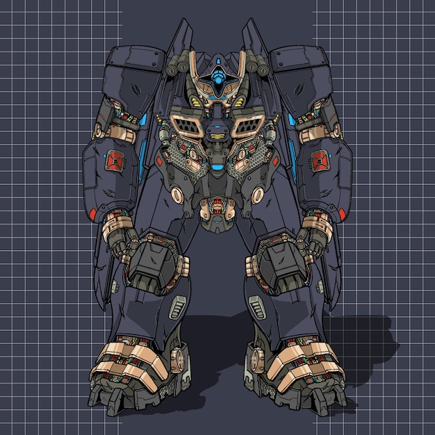 Bosquejo de batalla futurista mecha robot construido por cabeza brazo cuerpo pierna arma ilustración