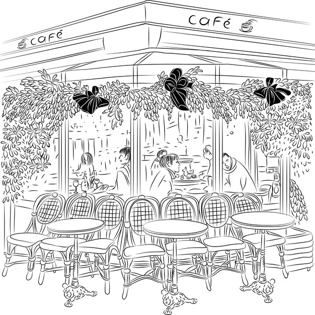 Bosquejo del café parisino con adornos navideños