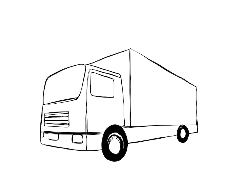 Bosquejo de camiones. Servicio de entrega. Transporte. Logo